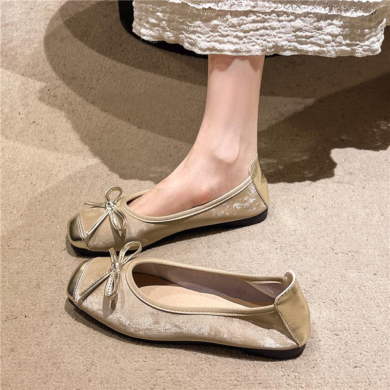 Bow square head single shoes women's 2025 new shallow mouth Chinese style splicing soft versatile flat ballet shoes