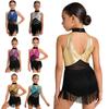 Kids Girls Cha-cha Salsa Latin Dance Costume Shiny Sequins Halter Sleeveless Mesh Waist Keyhole Metallic Back Tassels Leotard Dancewear