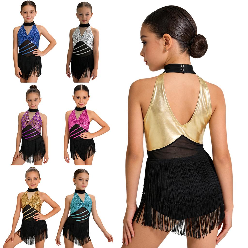 Kids Girls Cha-cha Salsa Latin Dance Costume Shiny Sequins Halter Sleeveless Mesh Waist Keyhole Metallic Back Tassels Leotard Dancewear