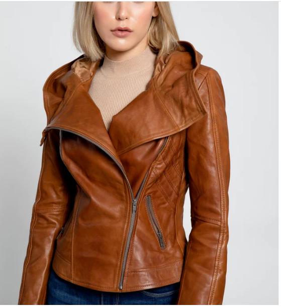 Leather Handmade Stylish Brown Halloween Women Jacket Hoodie Genuine Lambskin