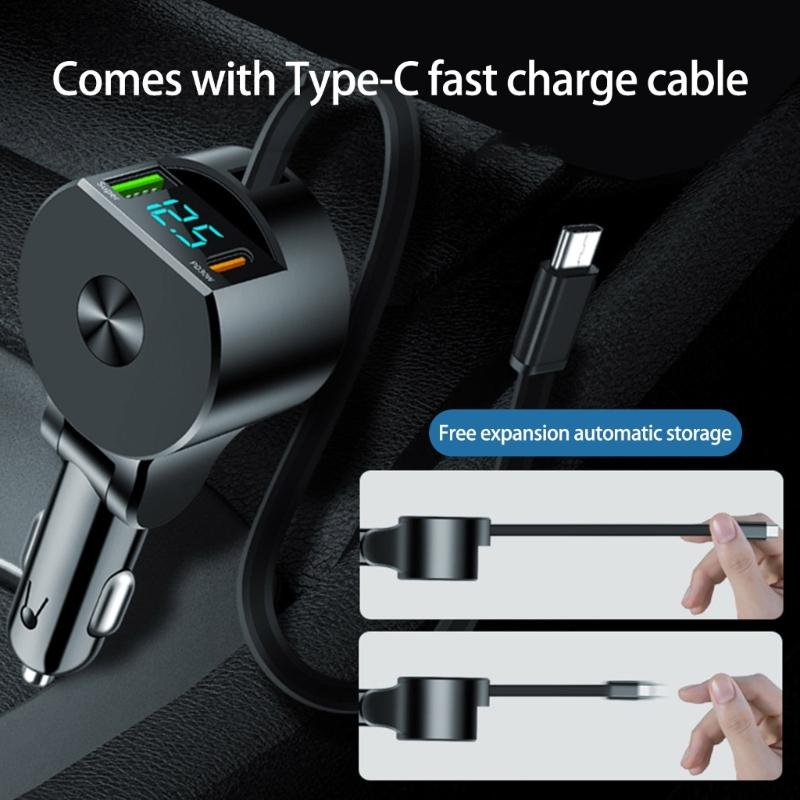Portable Car Charger with Extendable Cord Support PD30W Quick Charging 12V-24V Wide Voltages Compatibility for Phones