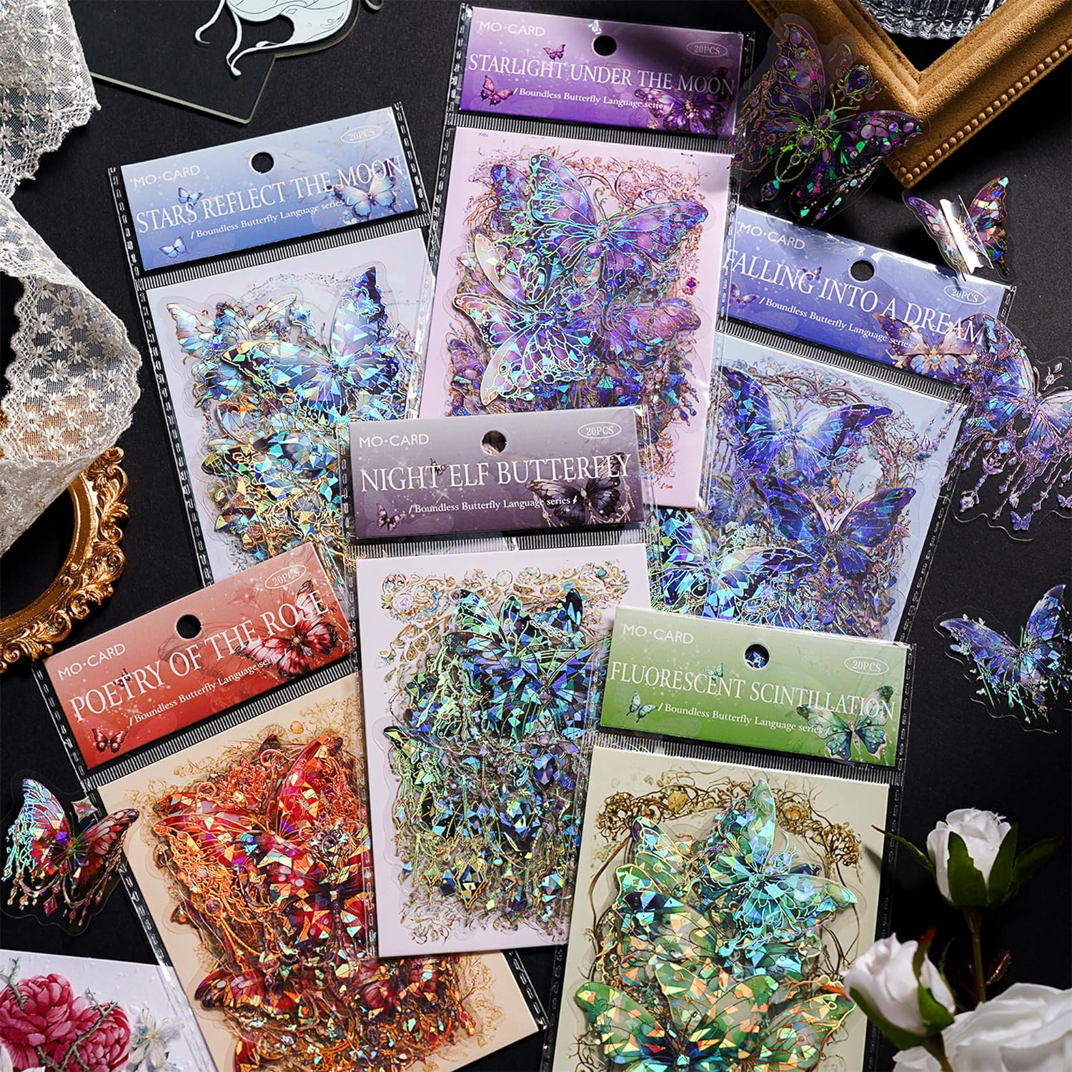 

120 Pieces With 6 Themes Butterfly Stickers Set -Gorgeous Crystals Holographic Transparent Resin Waterproof Sticker Decals