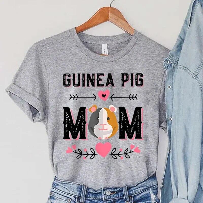 Guinea Pig Mom T-Shirts Women's Summer Clothing Pets Guinea Pig Tops Cartoon Flower Casual Fashion Tees Vintage Female T-Shirts