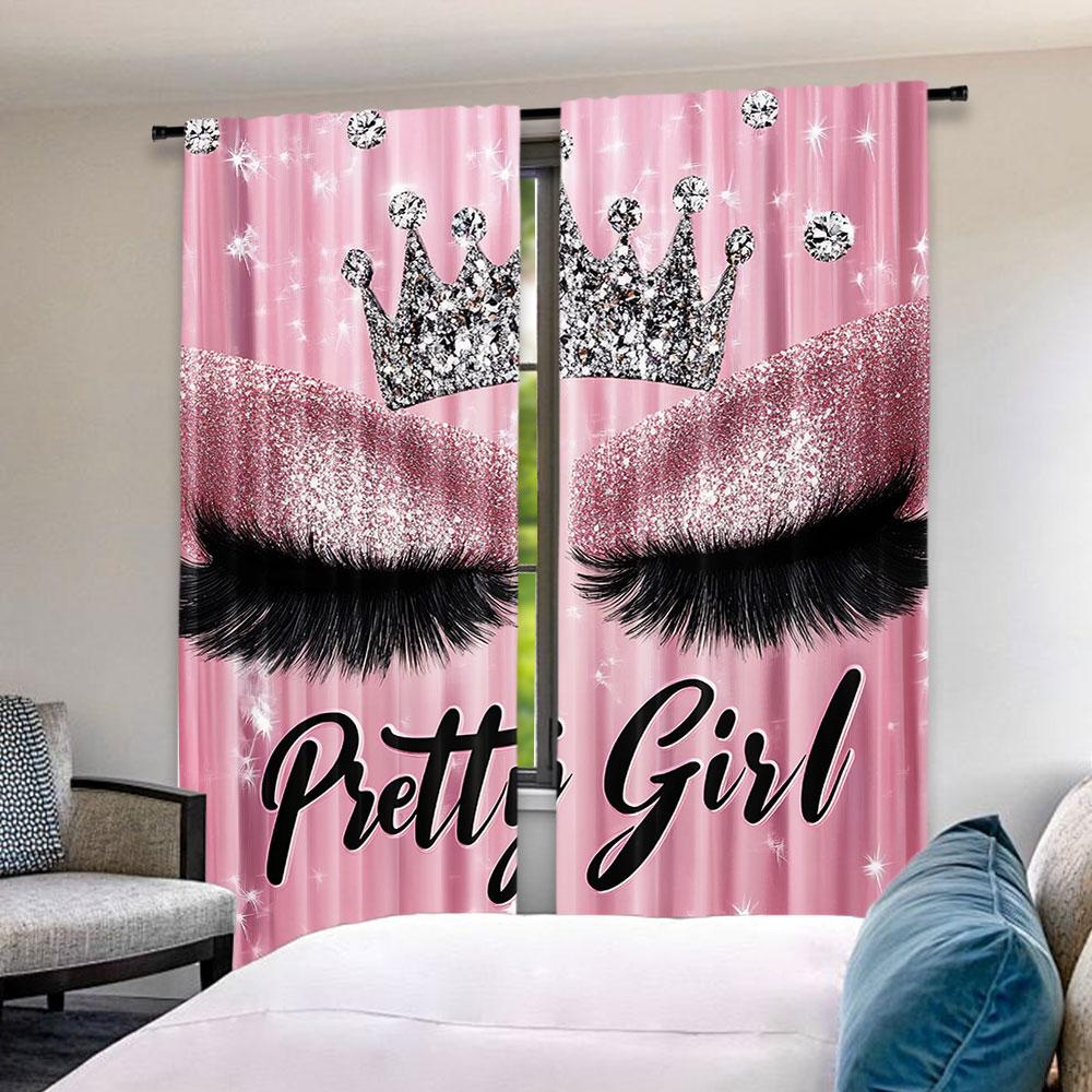 2Pcs Eyelash Curtainsstylish Pink Sparkles Blackout Curtains Adult Eyelash Diamond Aesthetic Curtains Drapes Makeup Eyelash