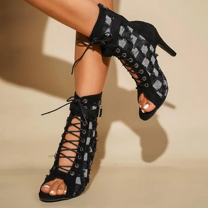 Fashion Women High-heeled Cool Boots Fashion Pointed Summer Ankle Boot Open Toe Fish Mouth Cool Boots for Women Lace Up Canvas Cool Boot