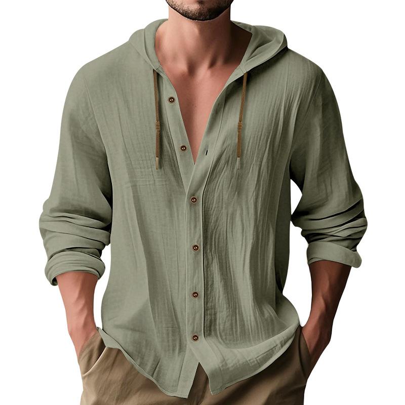 Men's Linen Blend Hooded Button Down Shirt Casual Long Sleeve