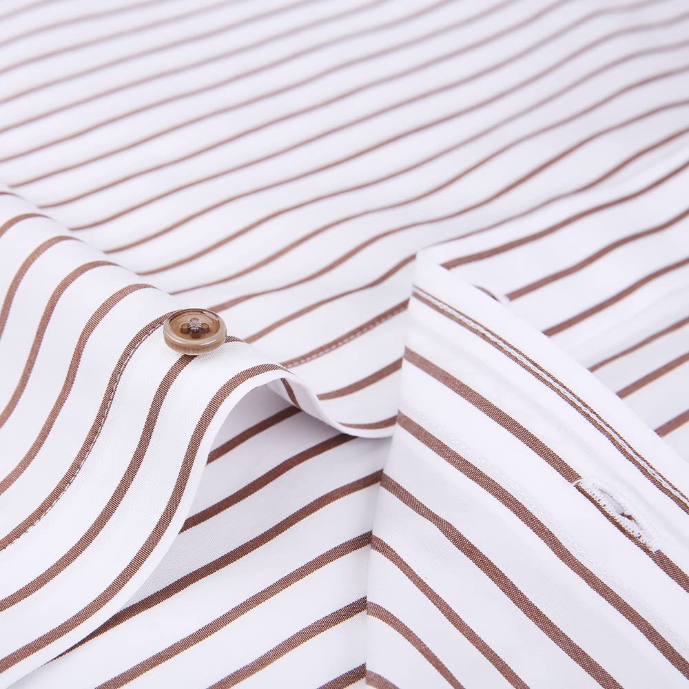 Enshe Men's Long Sleeve Dress Shirt, Slim Fit, Striped, No-Iron, Workwear, All Seasons, Shape Memory, ESA1-817 (Size 39, Brown)