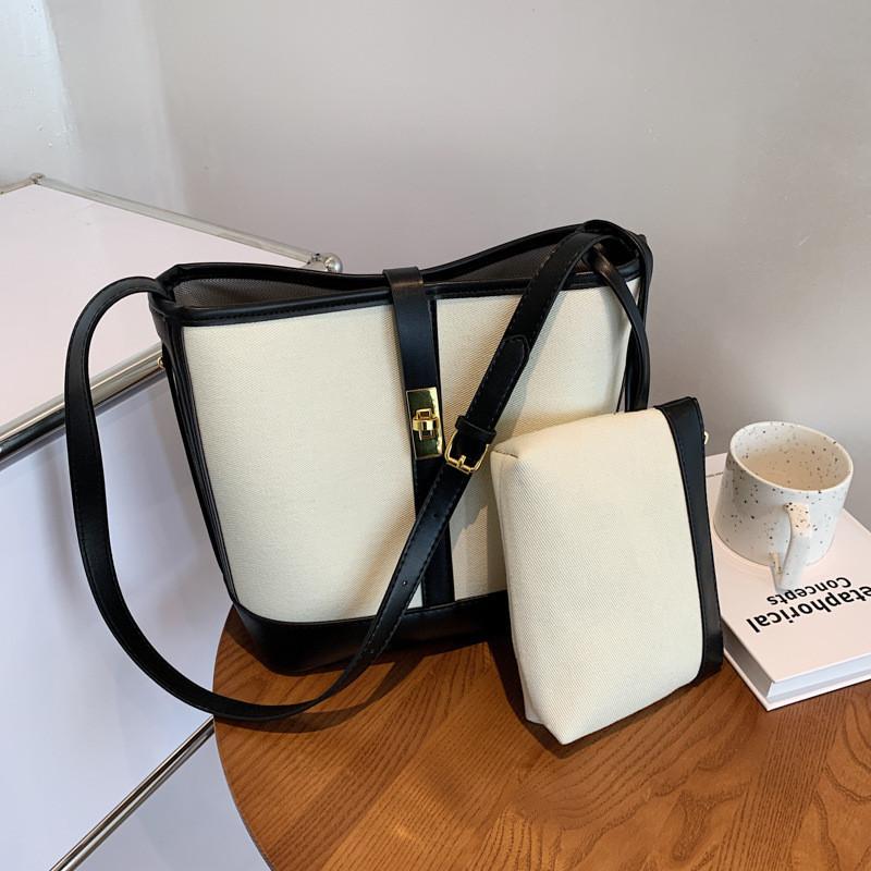 

2023 Autumn New Cross-border Foreign Trade Bag Women s Contrast Color Canvas Tote Bag Large Capacity Single Shoulder Slant Bag In Stock