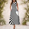 Women Plus Size Round Neck Sleeveless Black White Striped Printed A Line Long Dress With Pockets