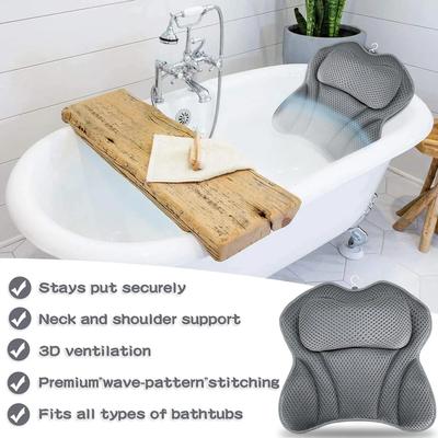 Pernă de baie gri antiderapantă cu ventuză pentru suport pentru gât și spate, plasă 3D respirabilă, suport pentru cap pentru cadă spa, accesoriu de baie