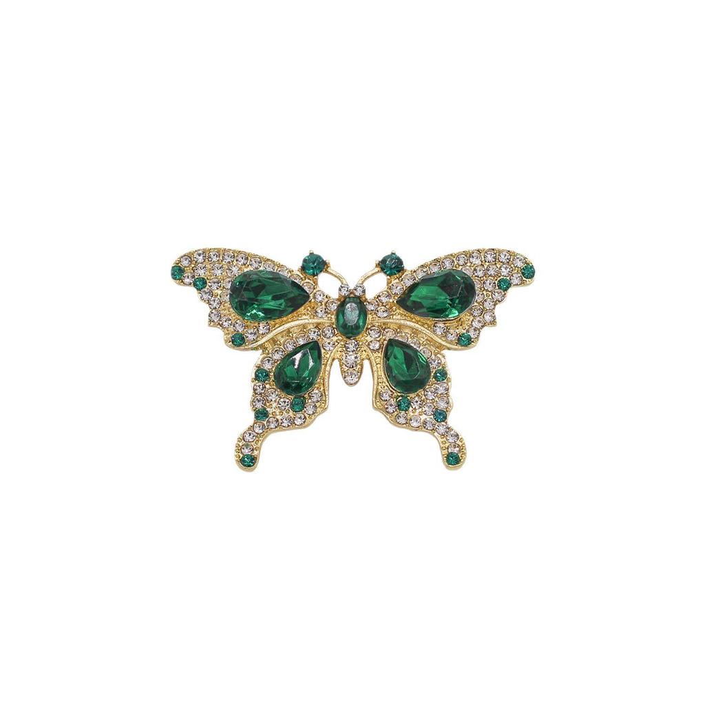 French Vintage Emerald Rhinestone Butterfly Brooch - Intricately Inlaid Metal Accessory