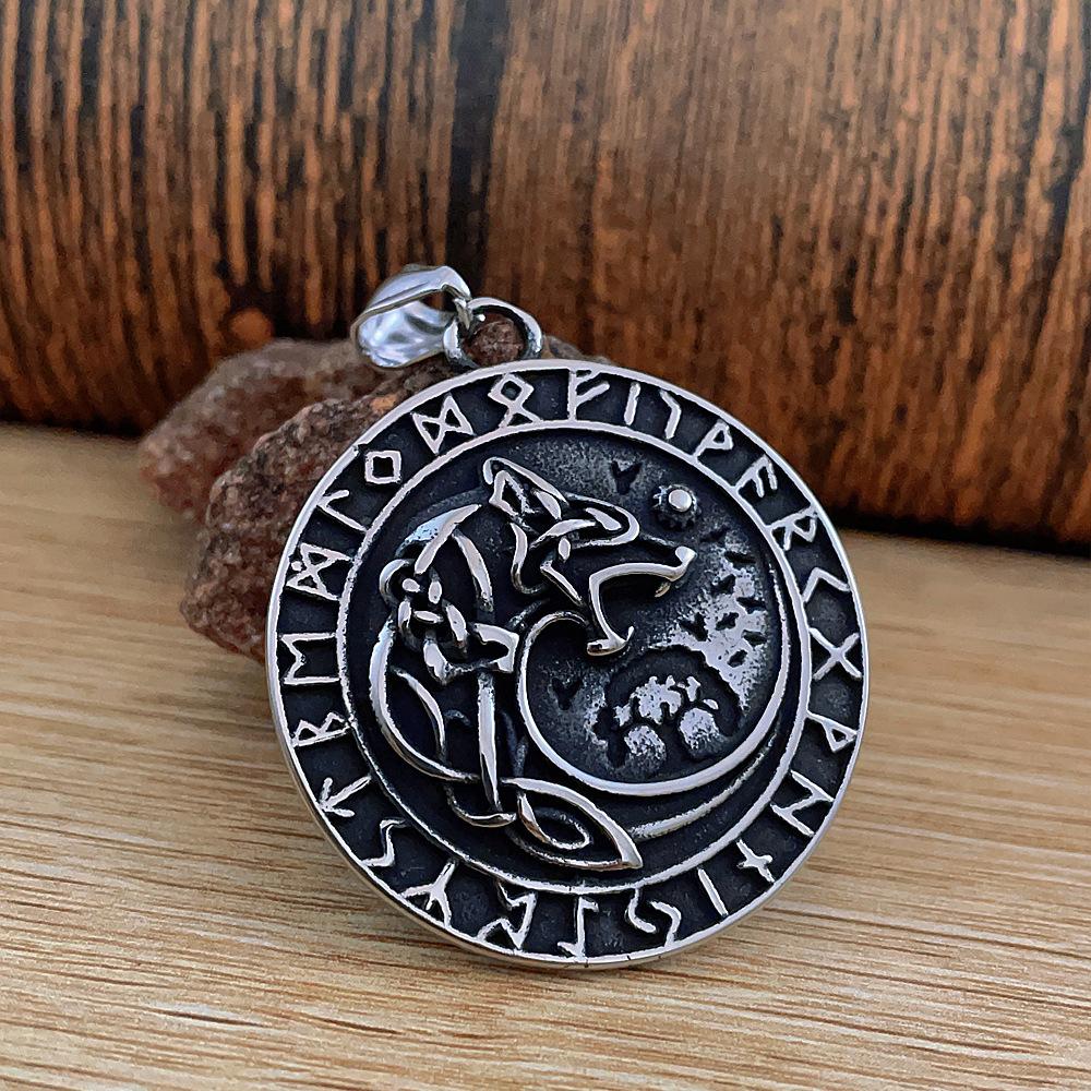 Nordic Viking Wolf Head Rune Titanium Steel Pendant Men's Long Fashion Stainless Steel Necklace