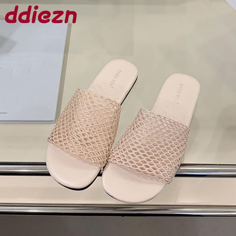 Fashion Luxury Fashion Mesh Breathable Ladies Flats Slippers Shoes New In Summer Beach Slides Women Flats Slippers Female Sandals Shoes
