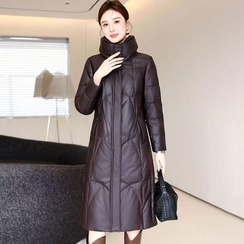 Winter Women's Genuine Leather Jacket Over-the-Knee Long Sheepskin Padded Coat Thickened Windproof Warm Camel Wool Coat