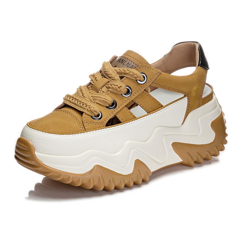 Small inner height increase dad shoes women's versatile leather hollow platform sandals women's breathable casual sports shoes