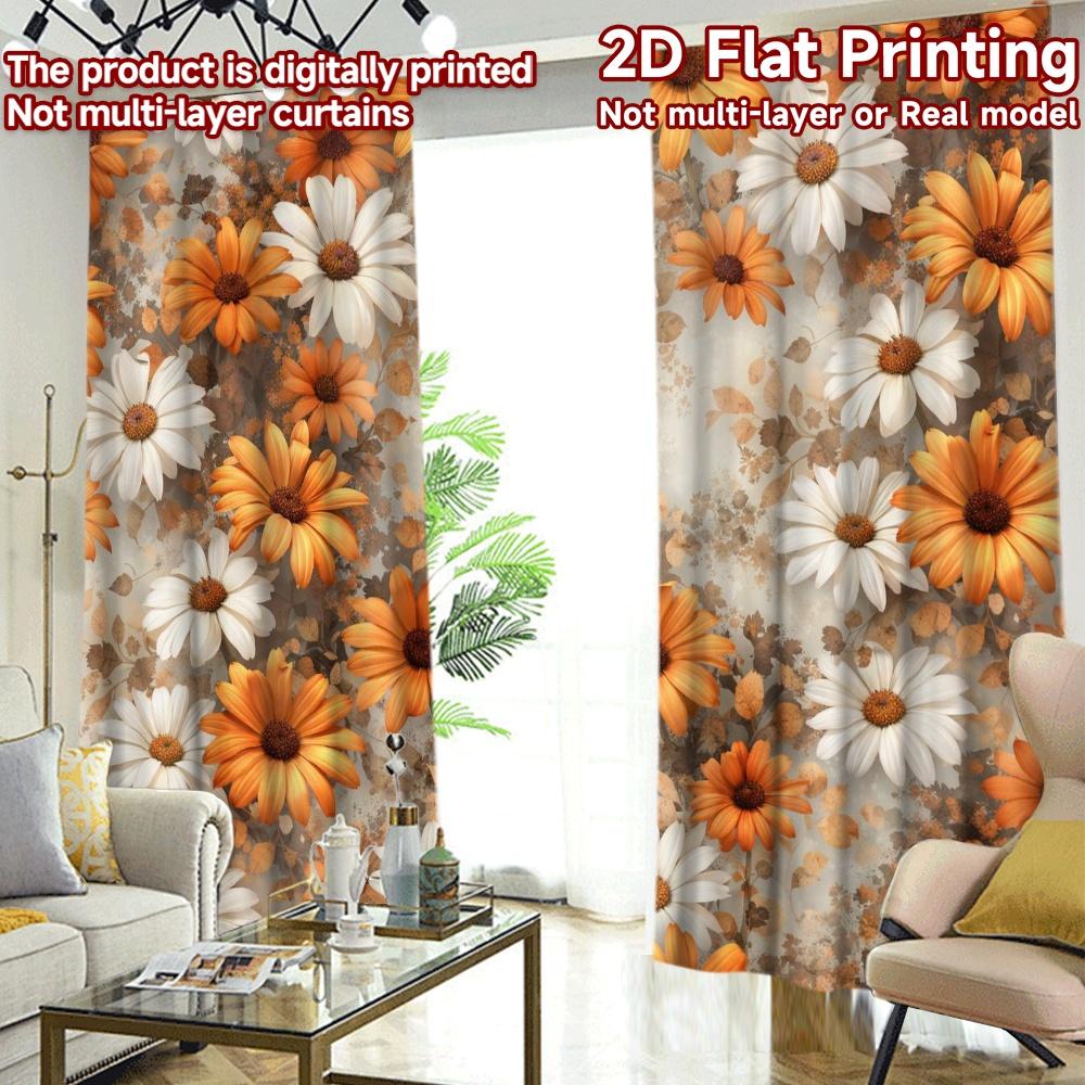 2D FLAT PRINTING 2pcs Curtains (Without Rod) Autumn Orange and White Daisies Modern Fashionable Curtains 100% Polyester Curtains