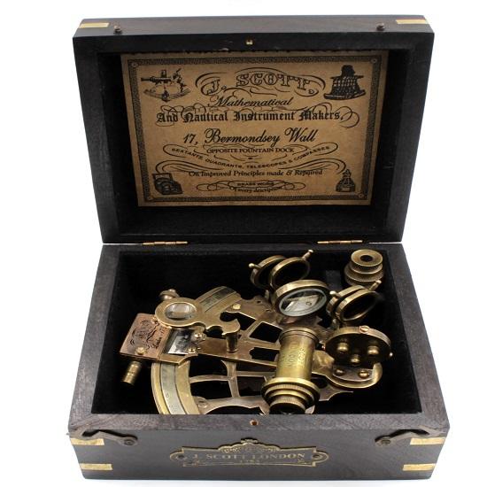J. Scott London Brass Ship History Sextant with Hardwood Box. Solid Brass Nautical Functional Maritime Sextant Decor Gifts