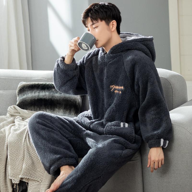 Herren Verdickter Korallenfleece Einteiler Schlafanzug - Winter/Herbst Flanell Hausanzug für Teenager & Erwachsene