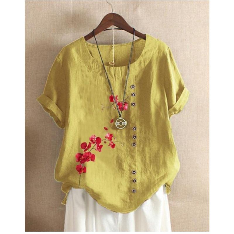 

Short Sleeve Loose Summer Printed Women Blouse Fashion O Neck Floral Sweet Shirt Casual Simple Tops Thin Basic Large Size Clothing 3XL помаранчевий