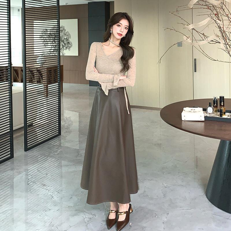 

Spring Collar Ruffle Blouse & High-Waist Midi Skirt with Belt M