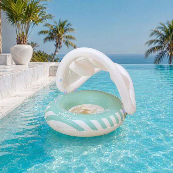 Inel gonflabil pentru bebeluși cu copertină, Inel plutitor gonflabil cu dungi pentru copii mici băieți fete, Inel pentru piscină cu protecție UV împotriva soarelui cu scaun de siguranță, Mânere