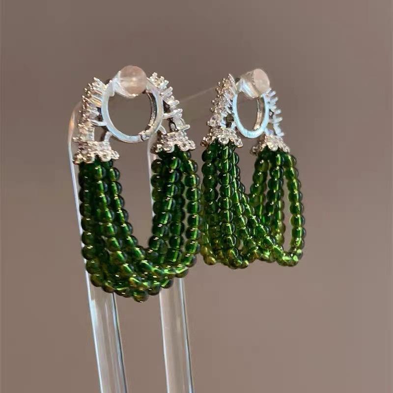 

New Chinese-style earrings similar to Liu Yifei s, with green beads and tassels, featuring a national-style, light-luxury, niche, and high-end feel Green bead earrings