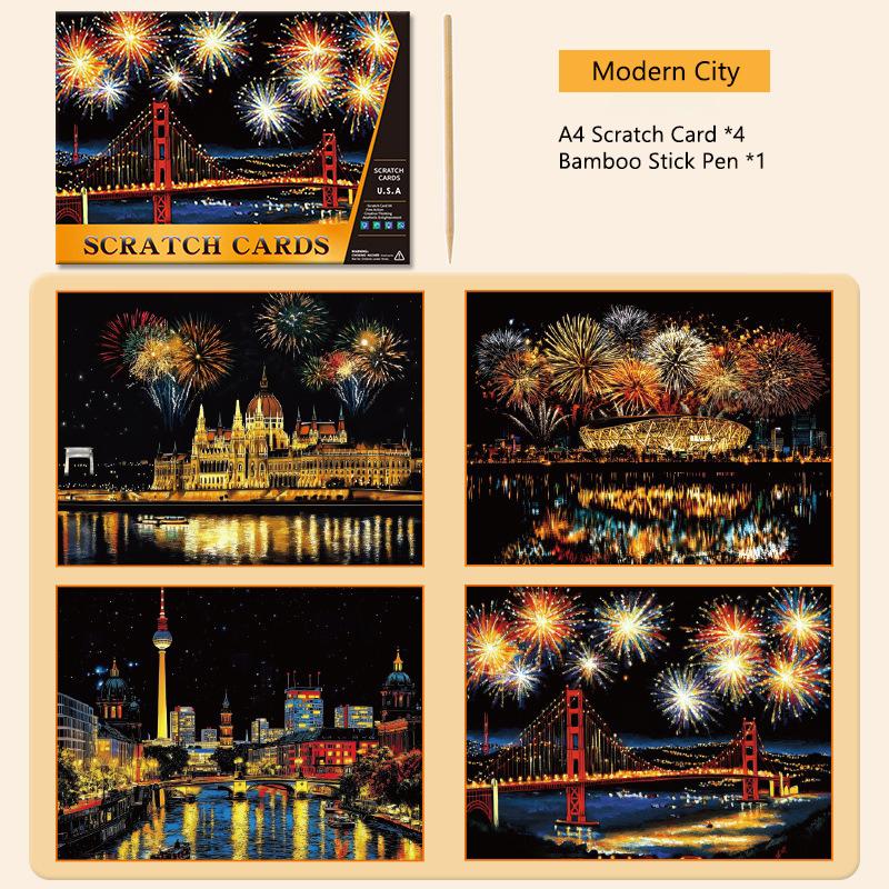 4 Stück/Set A4 DIY Kratzbild Stadtarchitektur Landschaft Szenerie Figur Illustration Nachtansicht Kratzbild Spielzeug