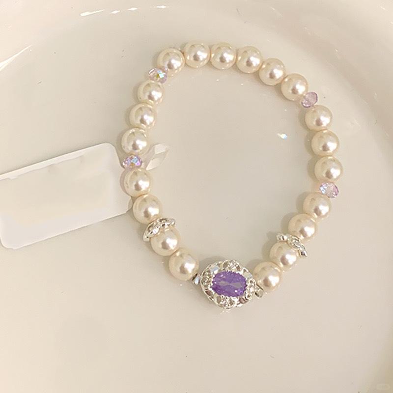 Hot Selling Pearl Beaded Bracelet 2025 New Oval Purple Zircon Pigeon Egg Elastic Rope Bracelet