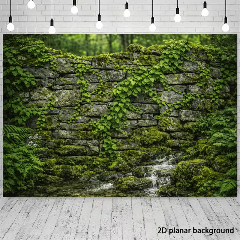 2D Vintage Garden Banner with Mossy Rocks and Ferns Photo Booth Background Cloth
