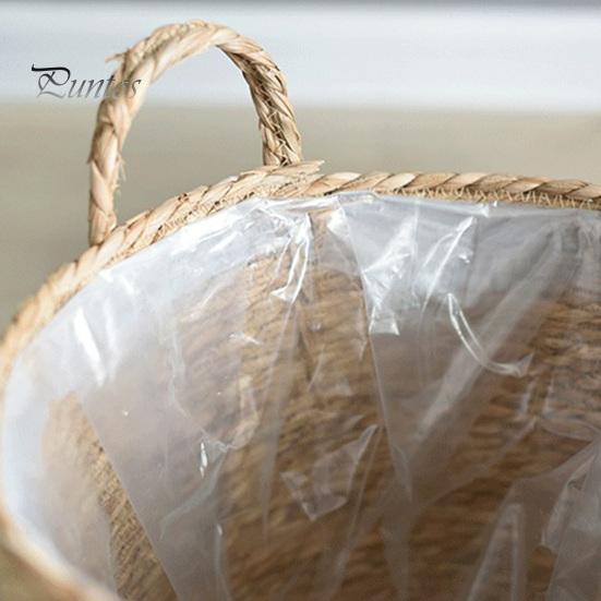 Natural Fiber Plant Containers Woven Seagrass Pot with Handle, Built-in Plastic Film Lining Eco-friendly Home Organizers Storage Basket, Rattan Flower