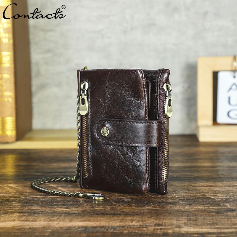CONTACTS CONTACT'S Echt lederen herenportemonnee Anti-diefstalketting RFID Casual geldclip Mannelijke creditcardportemonnees Kleine portemonnee Broekzak koffie