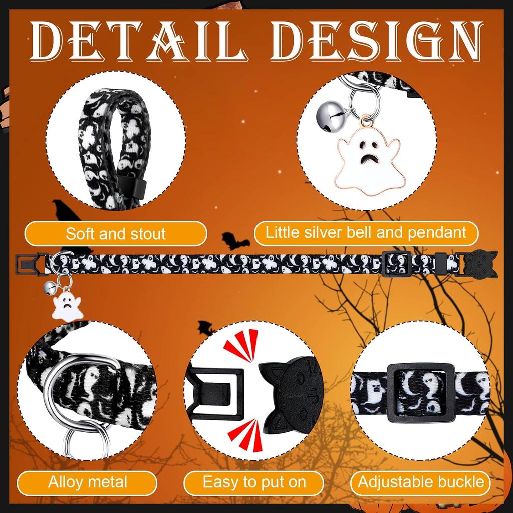 Sanwuta 8 Pcs Halloween Cat Collar Breakaway with Bell Cute Adjustable Kitten Halloween Collars with Pendant Pumpkin Ghost Breakaway Kitten Collar