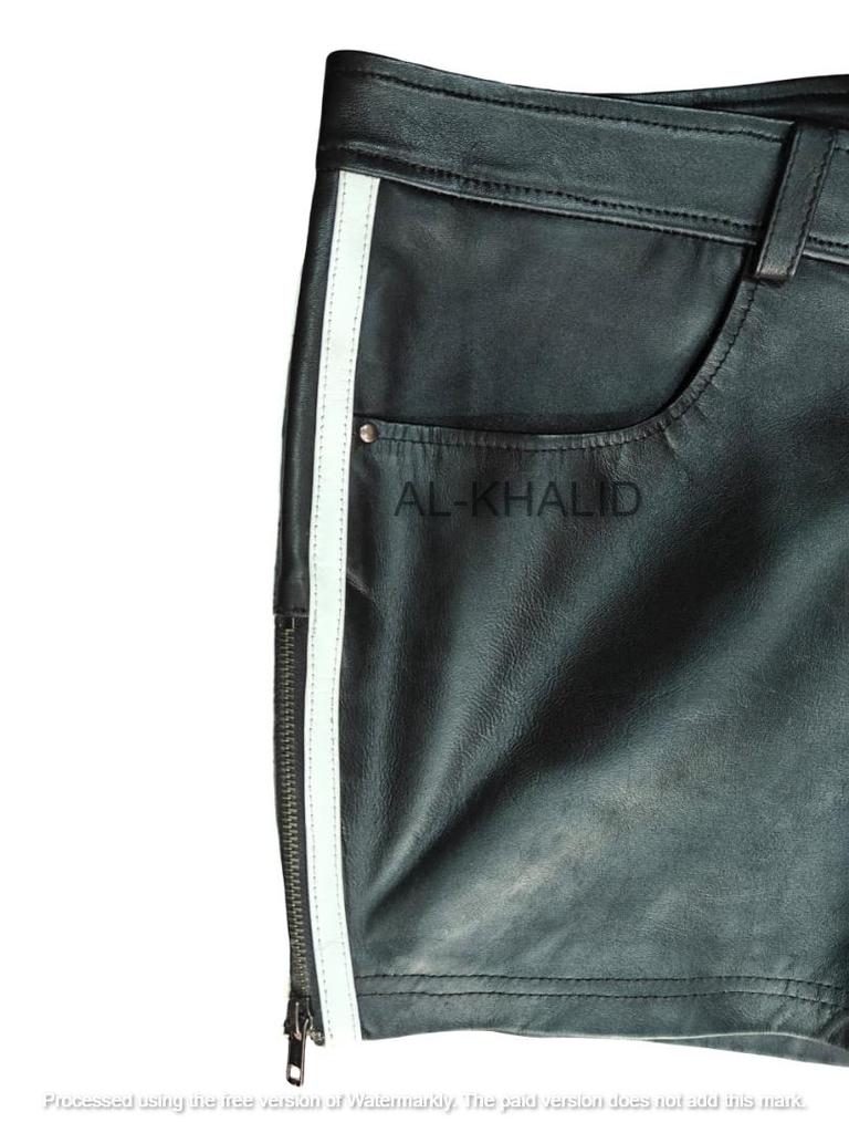 Leather Black Men Short Pants Soft Side Zip Lambskin Gym Sports Boxer Pocket