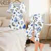 Women Plus Size Round Neck Short Sleeve Blue Floral Printed Flared Top And Capri Pants Two Piece Pajama Set