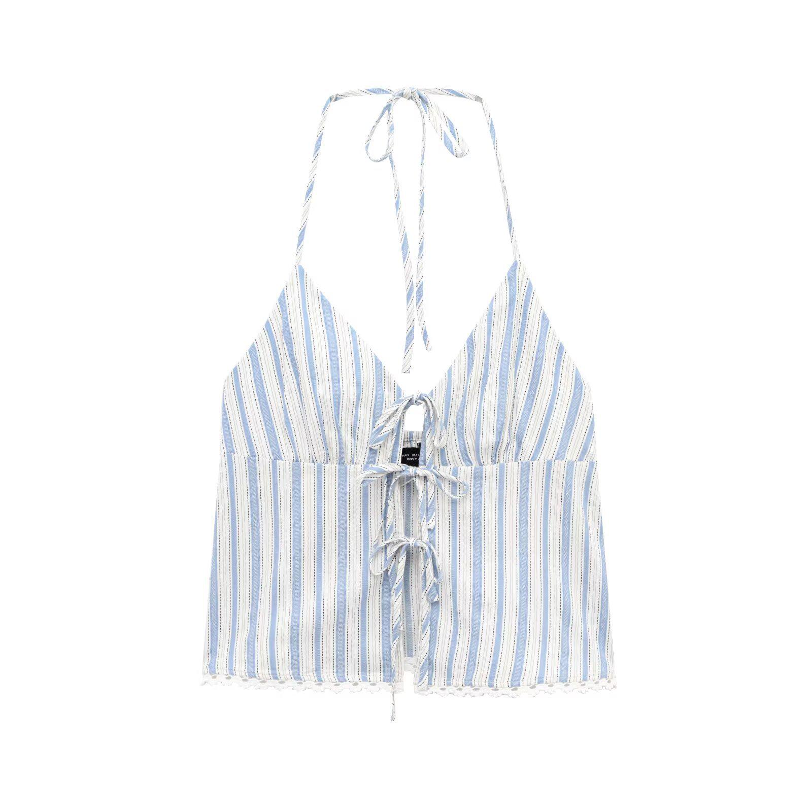 

2025 Spring/Summer Women s Color Block Striped Tie-Up Halter Lace Camisole XS