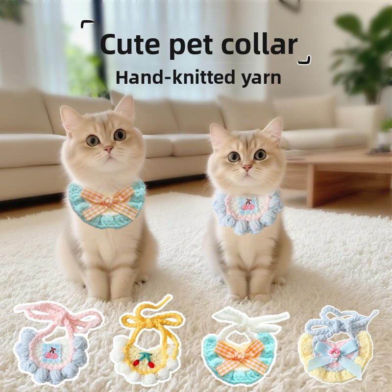 Pet Wet Towel with Cartoonish Cute Cat Pattern, Knitted Collar for Dogs, Dog Bib Wet Towel, Adjustable Elastic Straps