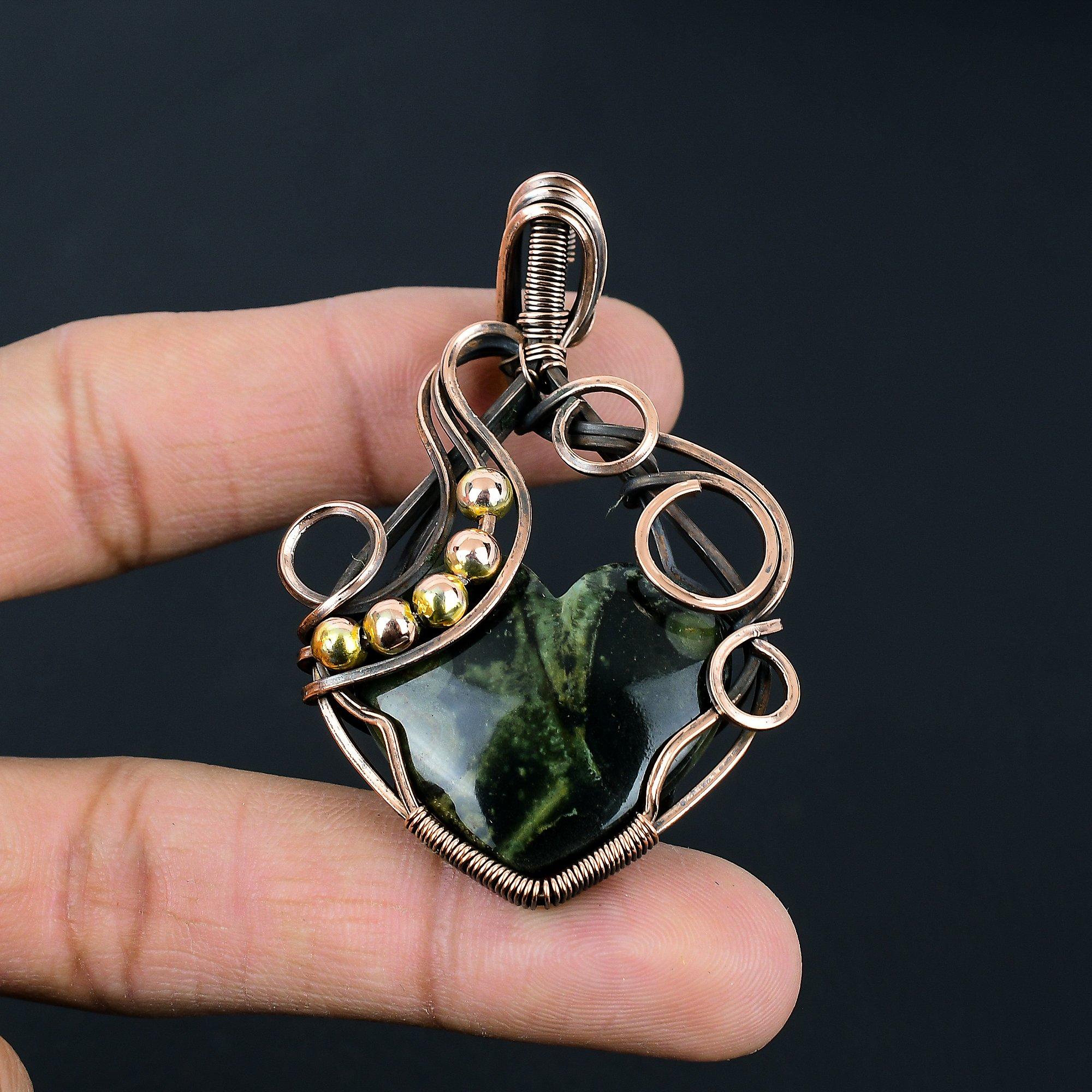 

Камбаба Яшма Драгоценный камень ручной работы из чистой медной проволоки Ювелирный кулон Враг для женщин 2.56 Inches синий