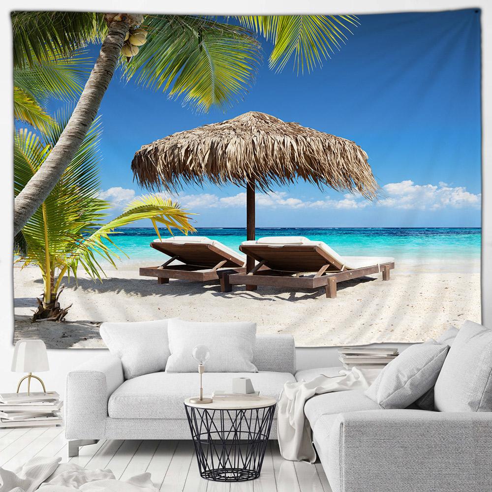 Seaside Beach Tapestry Island Coconut Tree Sunbed Hawaii Ocean Landscape Fabric Home Living Room Garden Decoration Wall Hanging