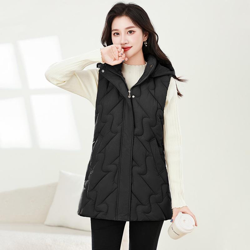 Medium and long down cotton live hat vest women's autumn and winter new fashion thickened vest slim vest jacket