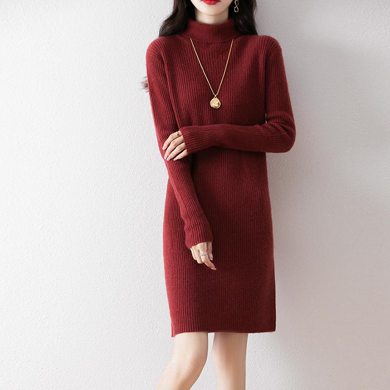 Women Sweater Dress 100% Wool MODERN NEW SAGA Turtleneck Knit Long Pullover Winter Jumpers Wool Long Dress Female
