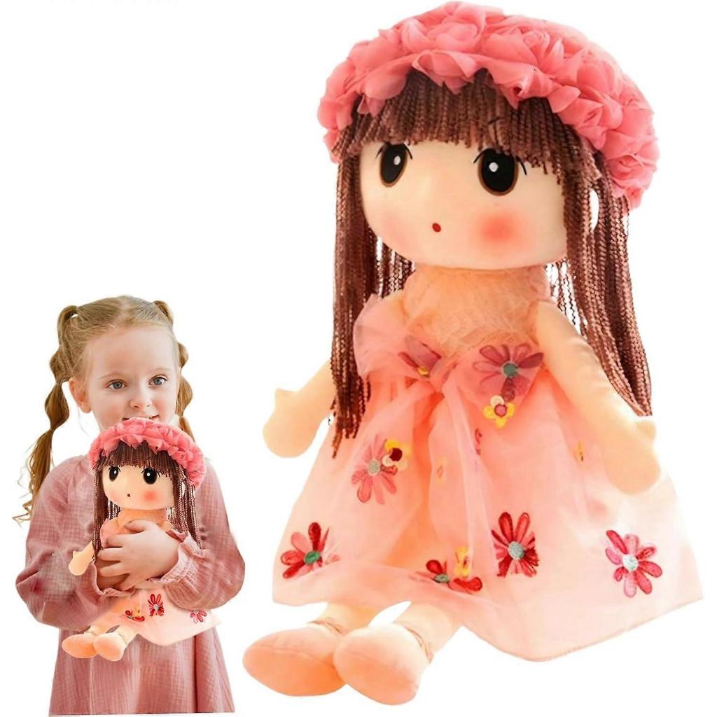 Cute and realistic fabric doll for girls, 18inch plush doll with floral dress, hat, shoes, and long hair.