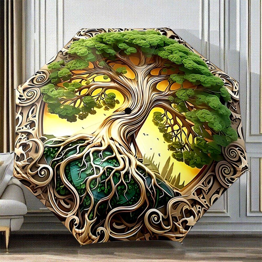 

Automatic Folding Umbrella A tree with vibrant green foliage and intricate roots. Portable collapsible design, casual outdoor (as the picture,iron&8K)