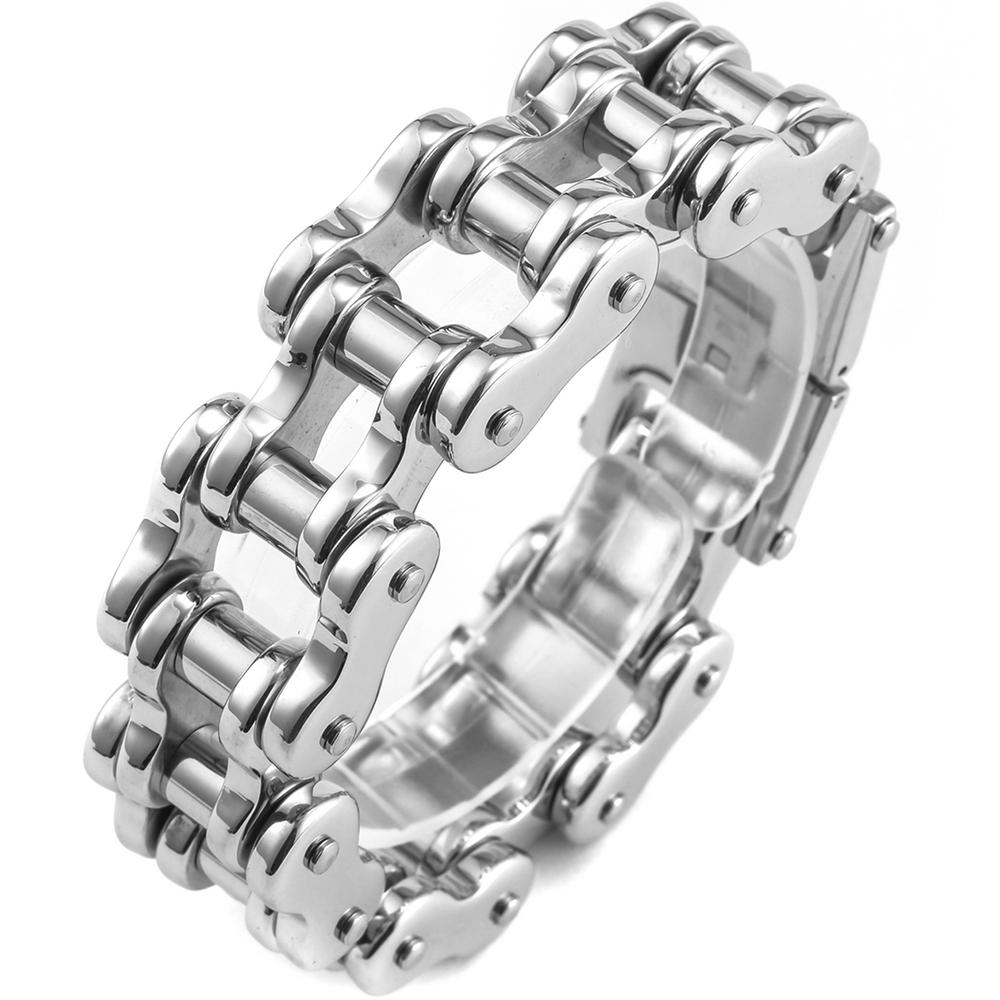 

Рок-н-ролл 21 мм шириной Мотоциклетная цепь Мужской браслет для мужчин Тяжелая нержавеющая сталь Мужские браслеты Браслеты Байкерская бижутерия 21.5CM серебряный