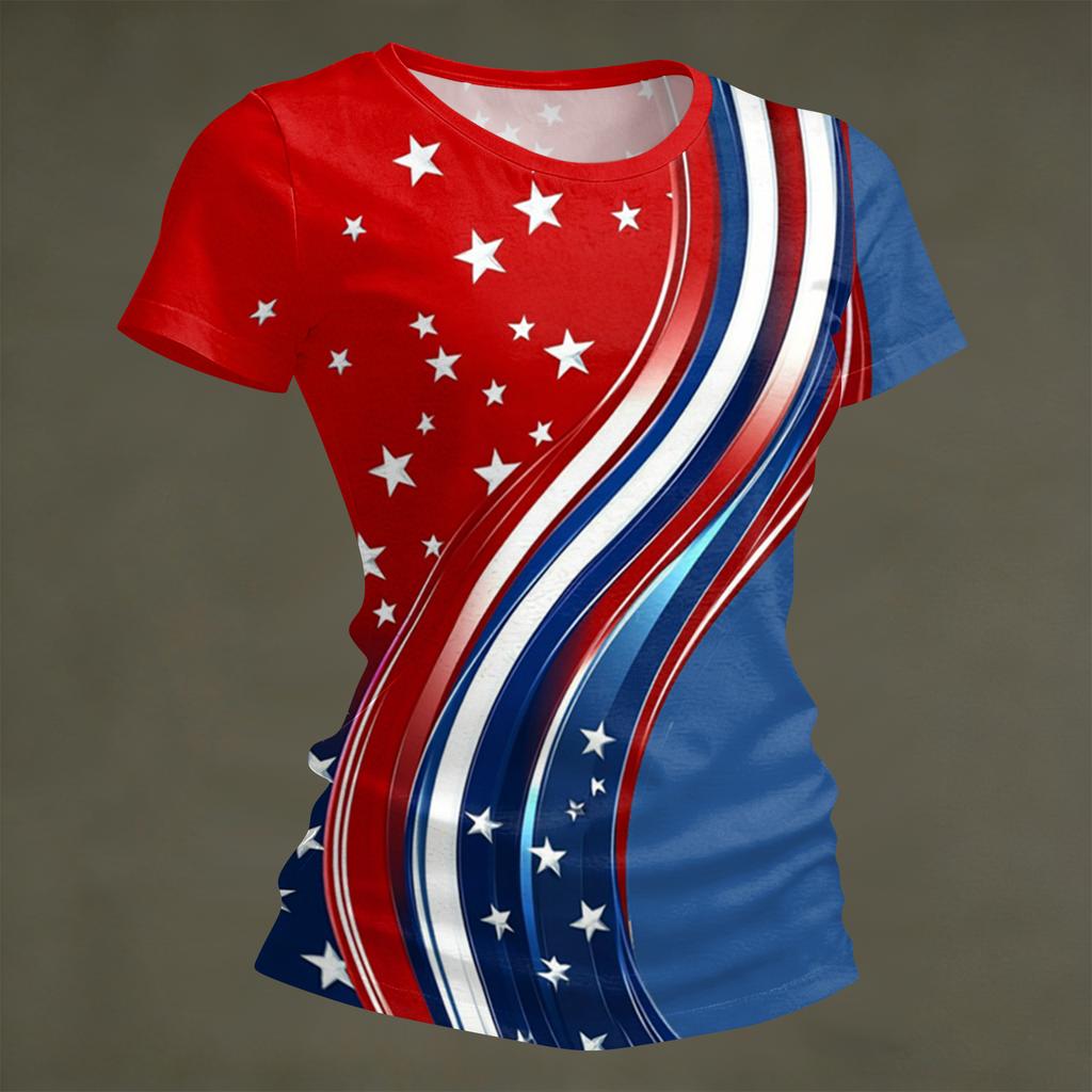 Women's Fashion Round Neck Independence Day Print Short Sleeve Loose Crewneck T-Shirt Top