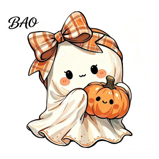 Seasonal Shelf Display Halloween Wooden Ghost Ornament with Pumpkin Pattern, Double Sided Desktop Decoration, Spooky Tiered Tray Decor Decor,