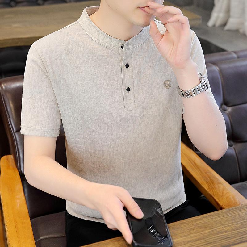 Man Fashion Solid Color Cotton Linen Short Sleeved T-Shirt For Men's Summer New Half Open Front Versatile Top