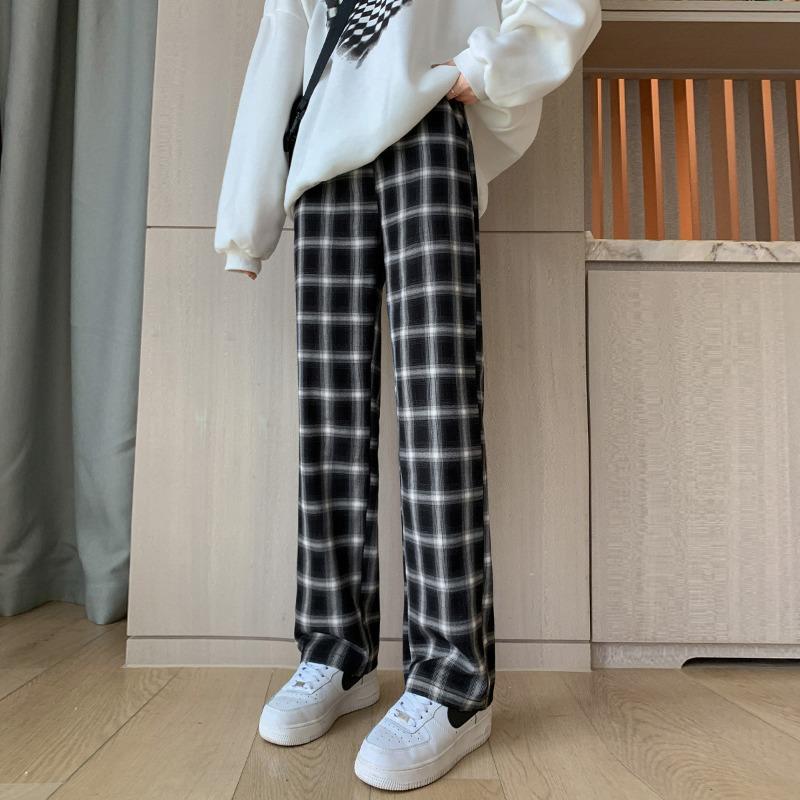 Casual plaid pants women's new autumn loose straight high waist drape fashion versatile and thin wide-leg pants women