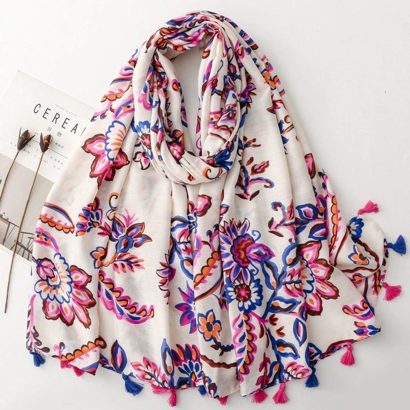

Ethnic Floral Print Soft Tassel Scarf And Shawl Versatile Colorful Retro Warm Scarves For Women 88x180cm