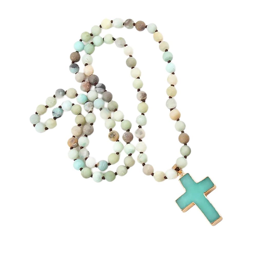 Ethnische Stil Schlüsselbein Kette 8mm Mattierter Natürlicher Stein Kruzifix Anhänger Halskette Verstellbare Länge Halskette für Damen