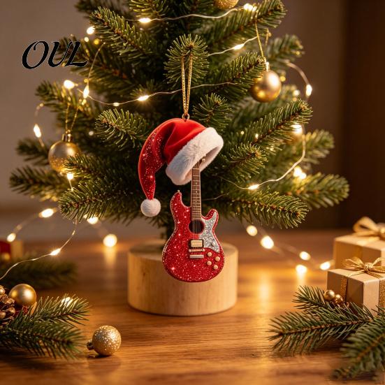 Music Fan Gift Red Guitar Christmas Ornament, 2D Flat Acrylic Hanging Pendant with Decorative Santa Hat, Country Tree Decoration, Holiday for